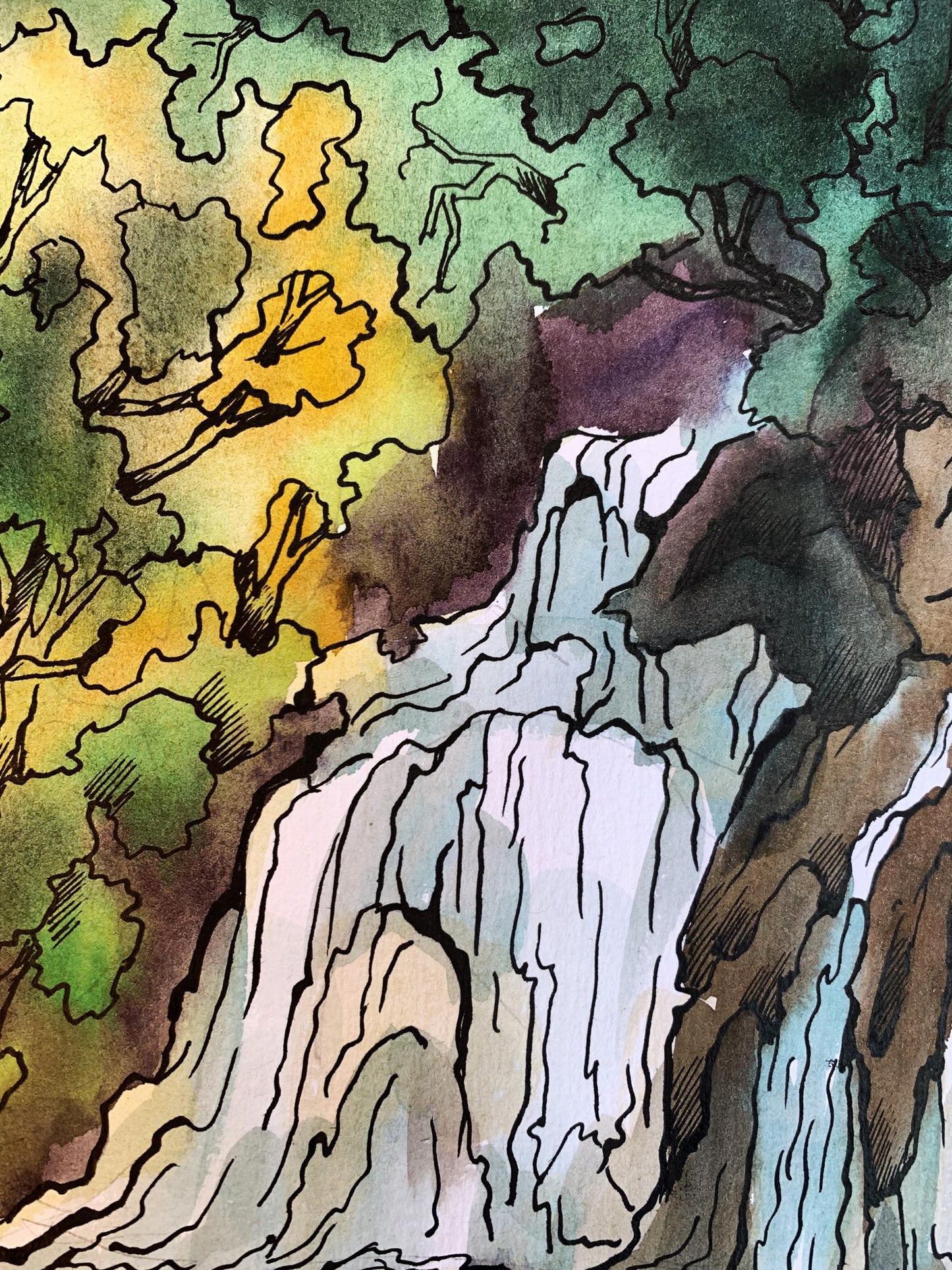 Watercolor painting Mountain waterfall Svetlana Gramm