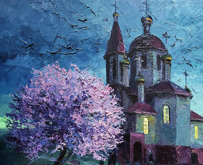 Oil painting April morning at the temple Boris Serdyuk