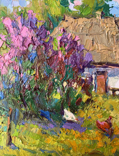 Oil painting Chickens grazing in the yard Oksana Ivanyuk