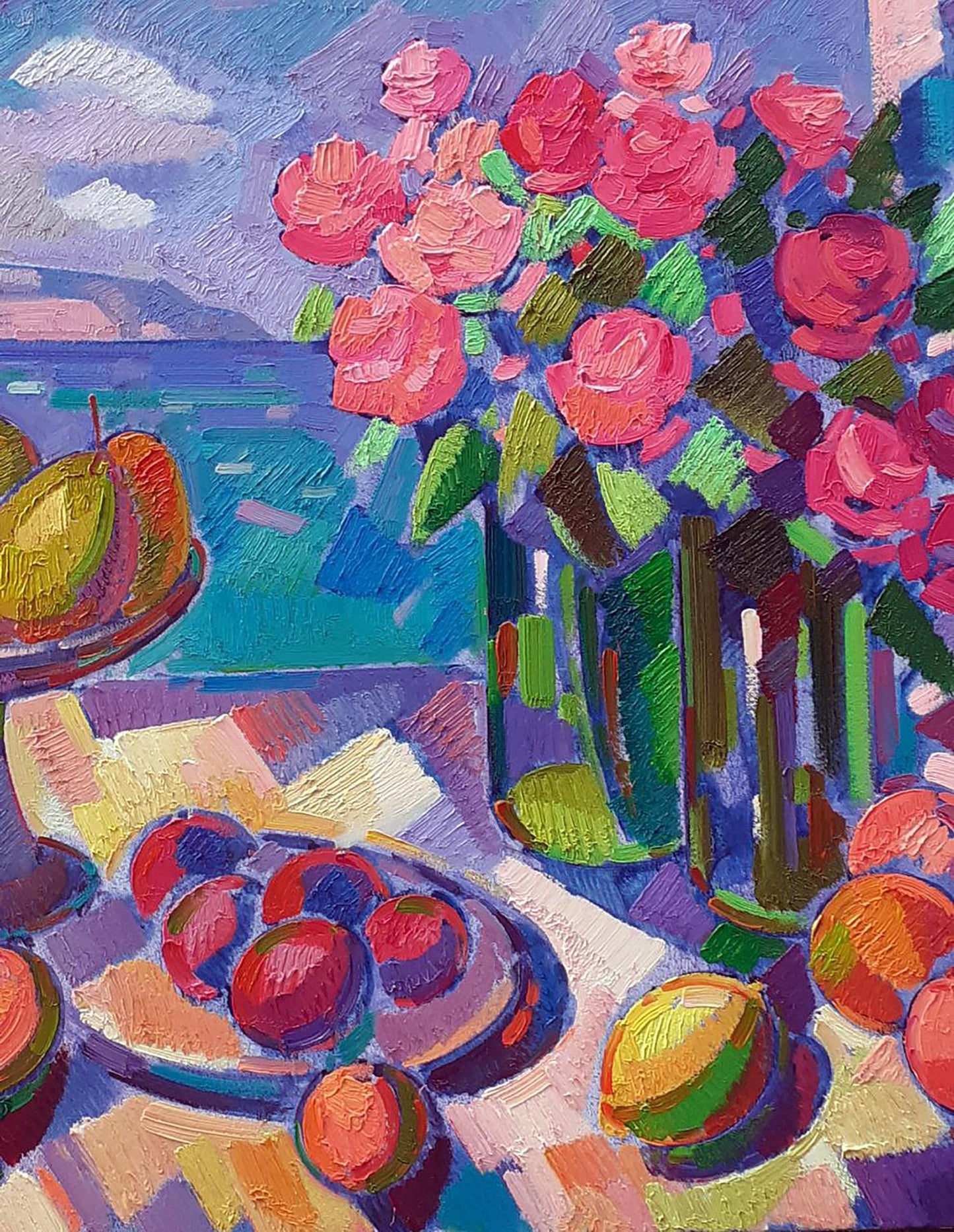 Oil painting Roses and fruits on the shore Peter Dobrev