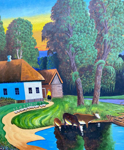 Oil painting Calm village life Unknown artist