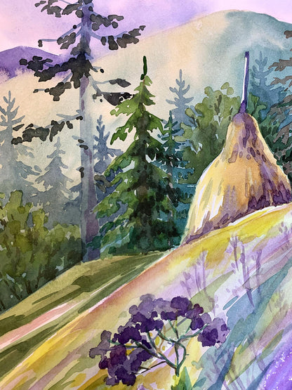 Watercolor painting Carpathian meadows Svetlana Gramm