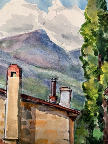 Watercolor painting The mountains are clearly visible Unknown artist