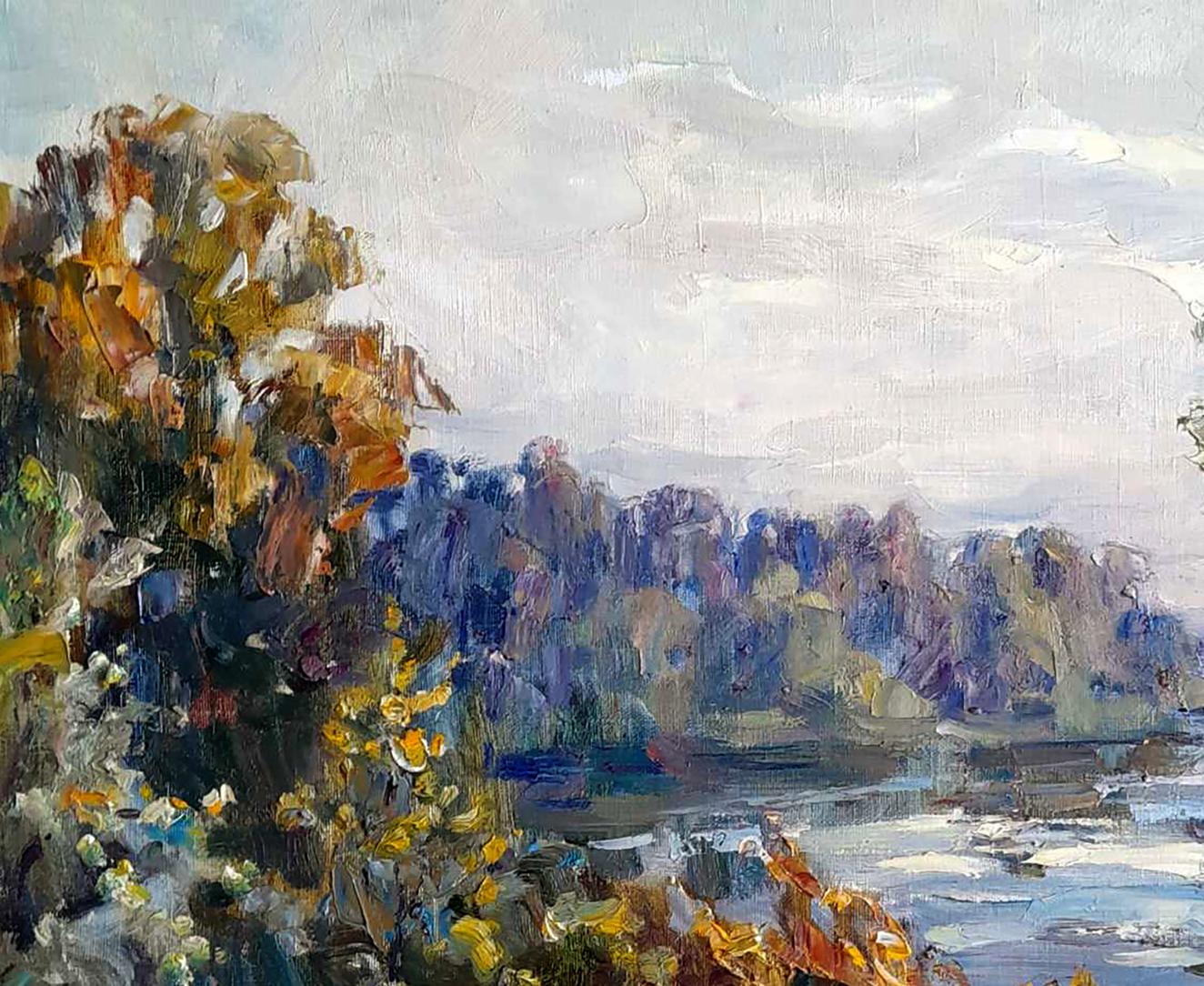 Ivan Kovalenko's oil artwork, "Near the River," capturing the serene ambiance of a riverside.