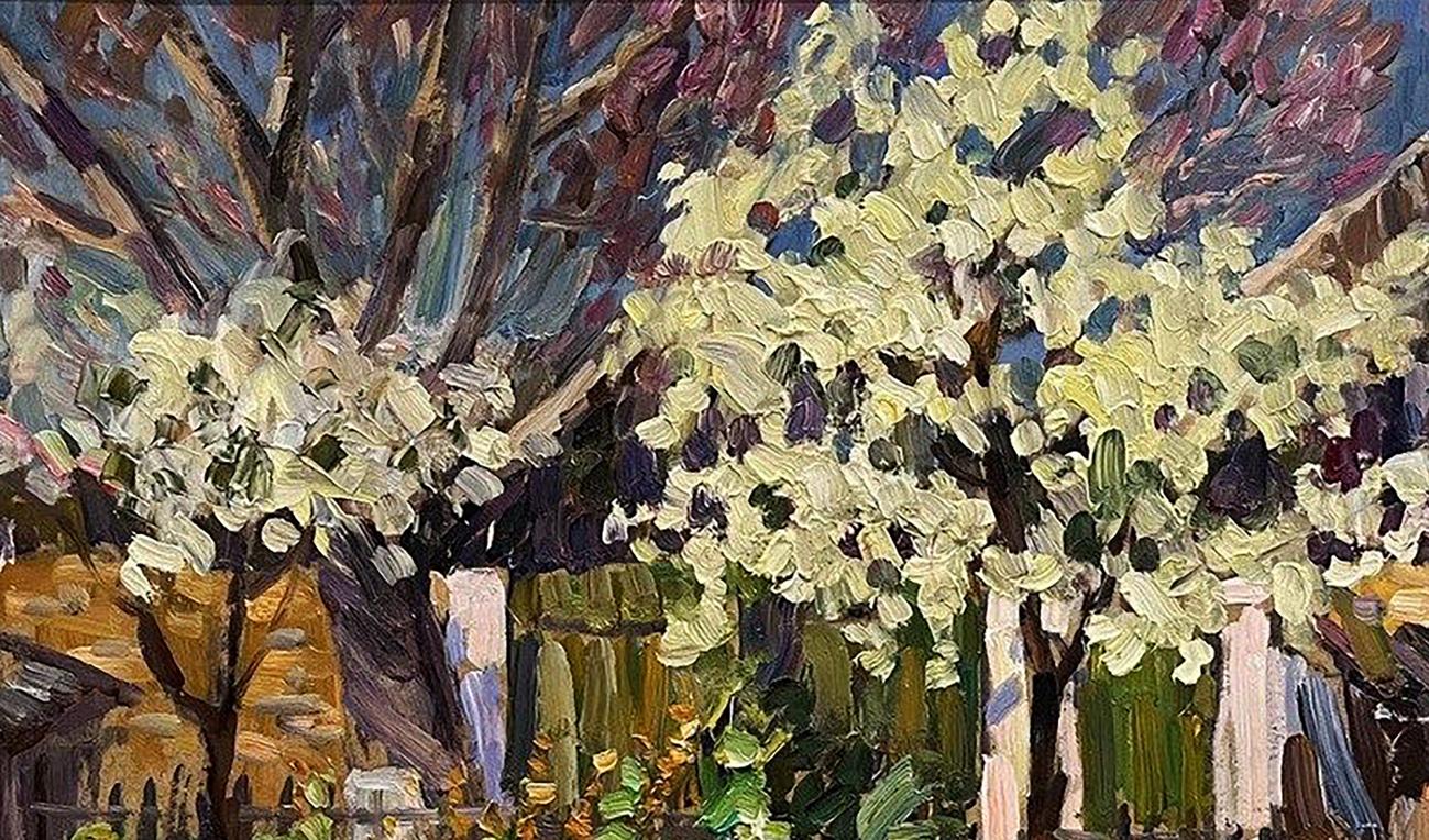 Oil painting Wild pear blossoms in the yard Petro Kolomoytsev