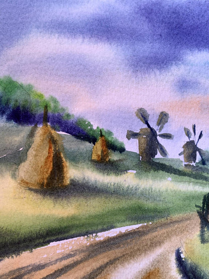 Watercolor painting Windmills and haystacks Svetlana Gramm