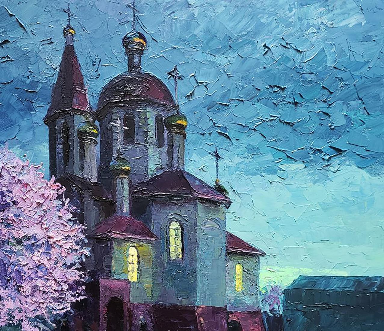 Oil painting April morning at the temple Boris Serdyuk