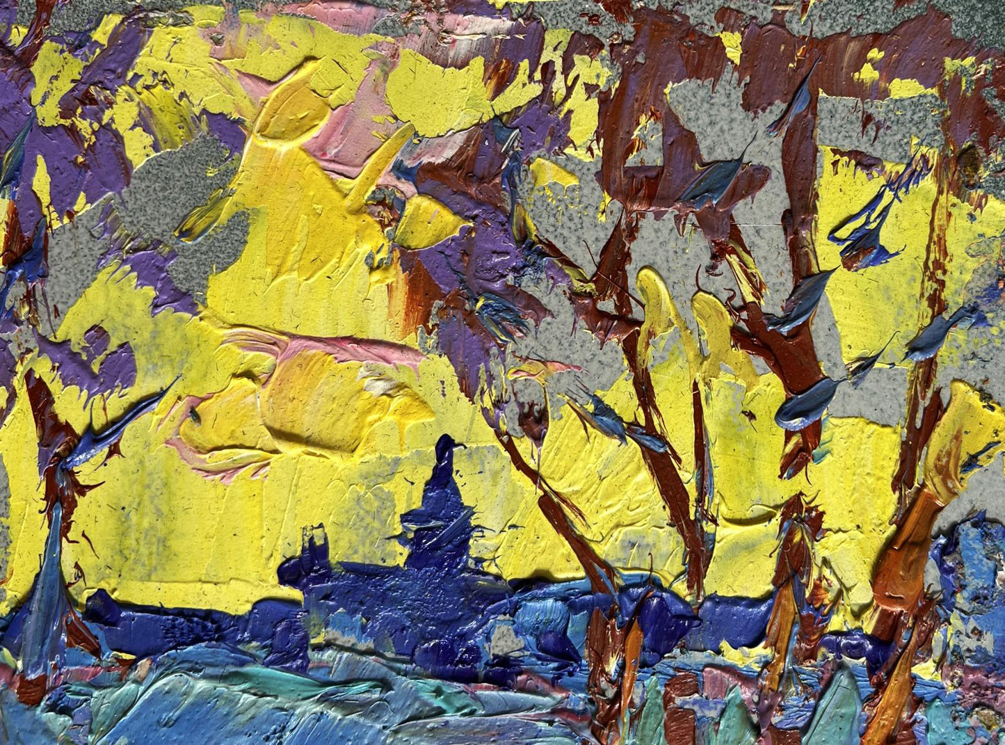 Oil painting Winter evening with yellow sunset Oleksiy Ivanyuk