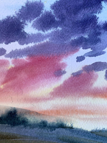 Watercolor painting Pink sunset Svetlana Gramm