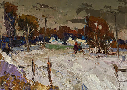 Oil painting Winter Road Home Oksana Ivanyuk