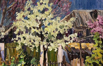 Oil painting Wild pear blossoms in the yard Petro Kolomoytsev