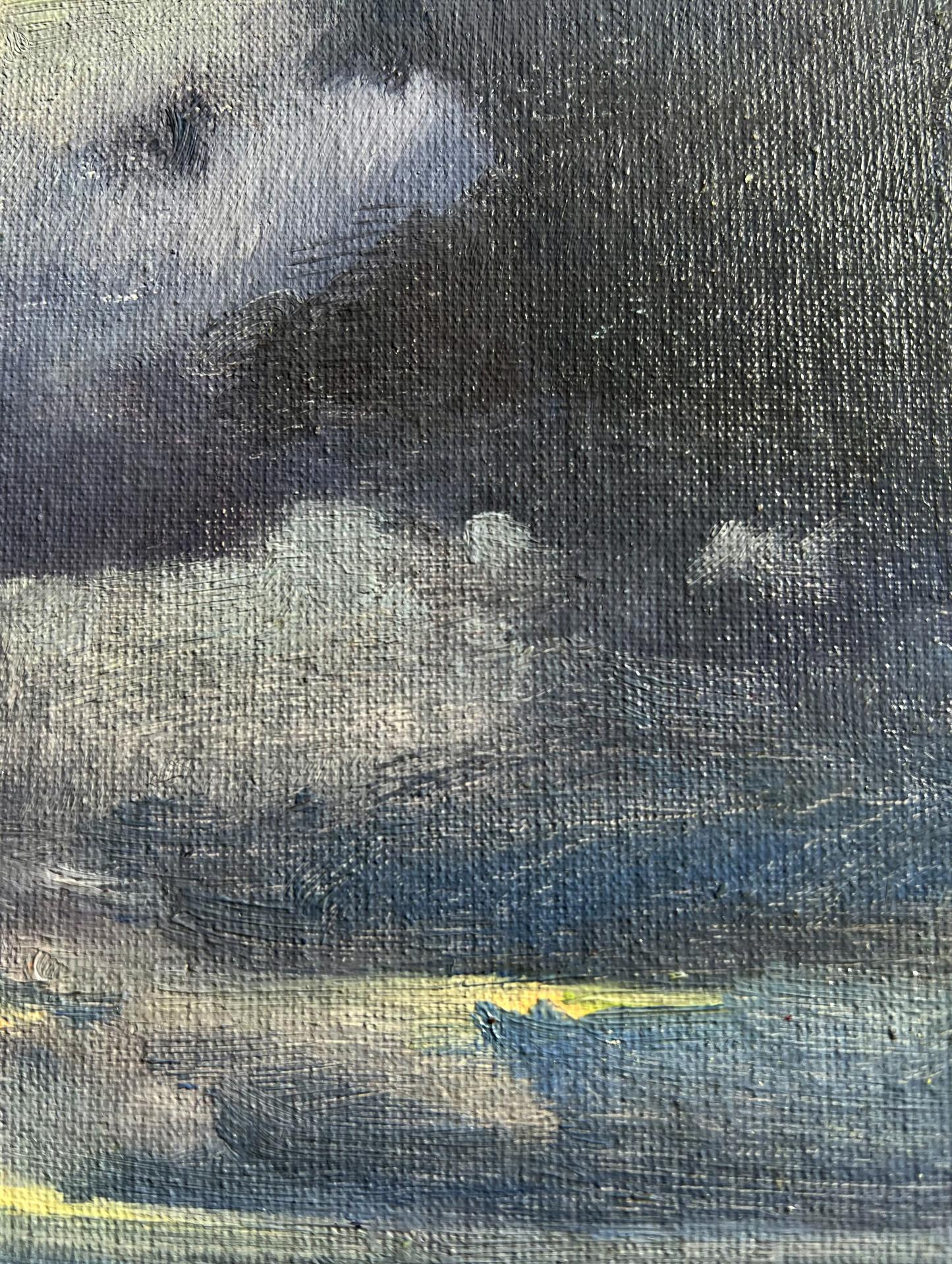 Oil painting Yellow sunset over the city Tatyana Derdey