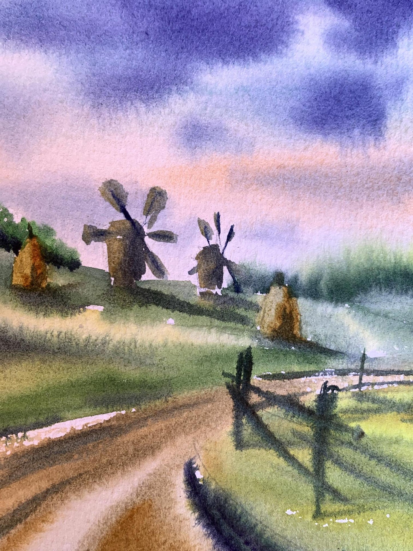 Watercolor painting Windmills and haystacks Svetlana Gramm