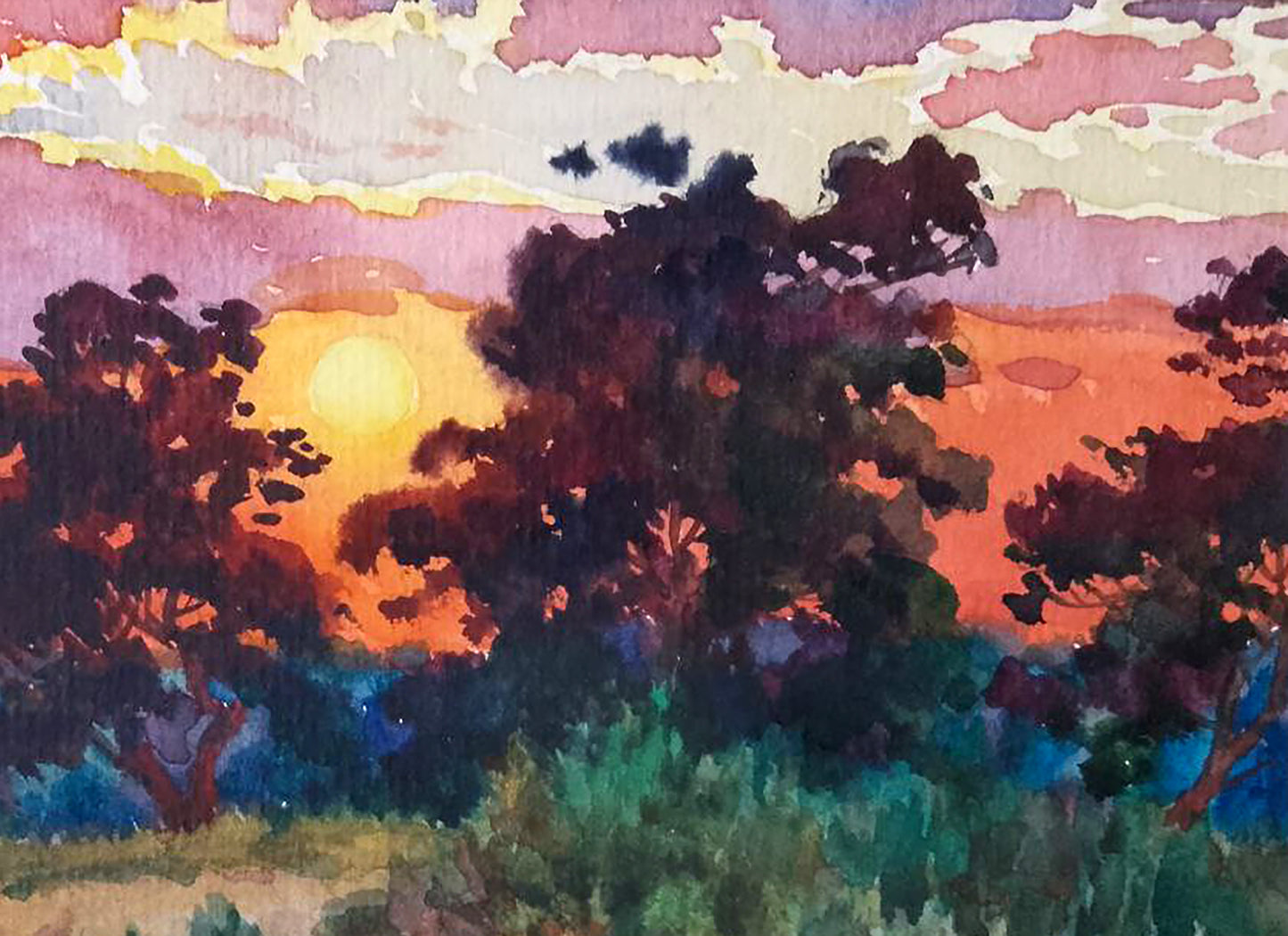 Watercolor painting Watching the sunset Anatolii Duhnevich