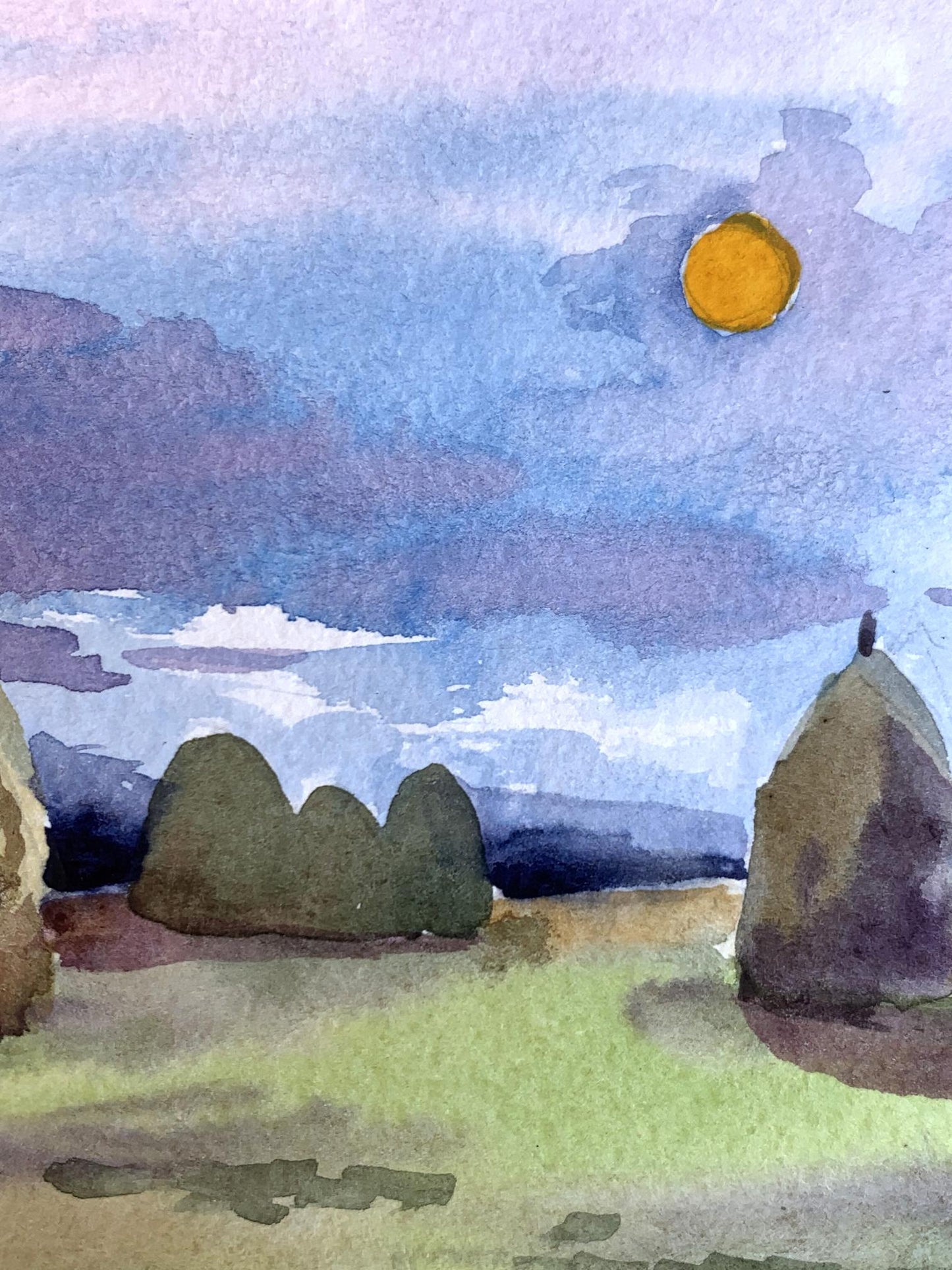 Watercolor painting Haystacks in a field Svetlana Gramm