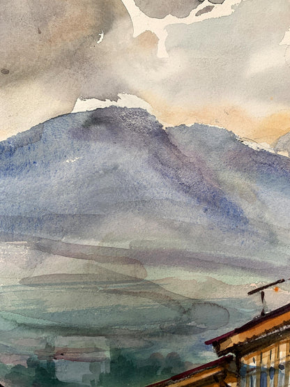 Watercolor painting Busy city street Unknown artist