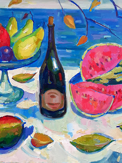 Oil painting Still life with watermelon and mango Peter Dobrev