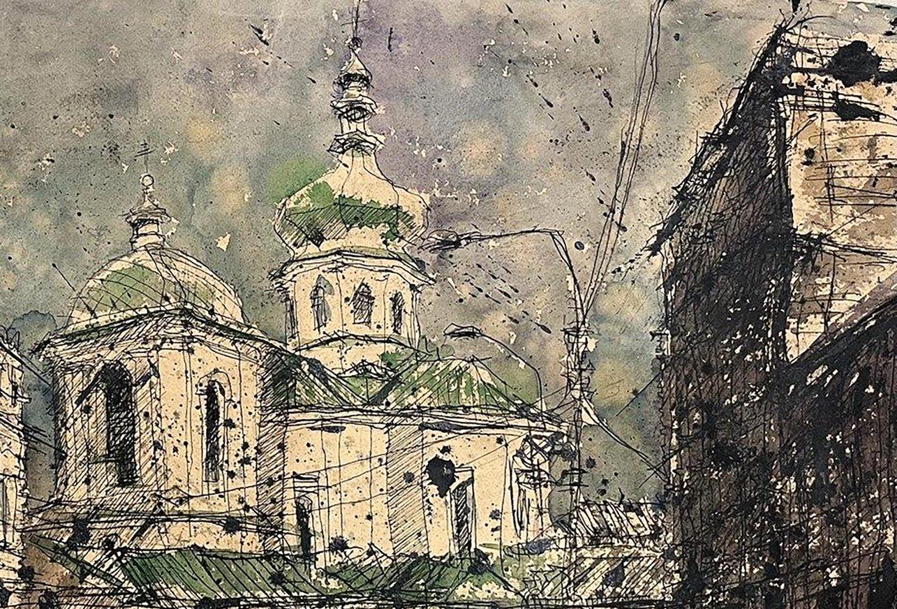 Watercolor painting Landscape with a church Serhiy Kovalev