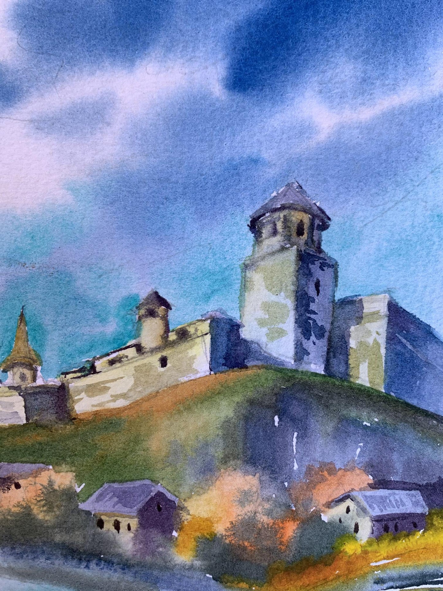 Watercolor painting Castle and village Svetlana Gramm