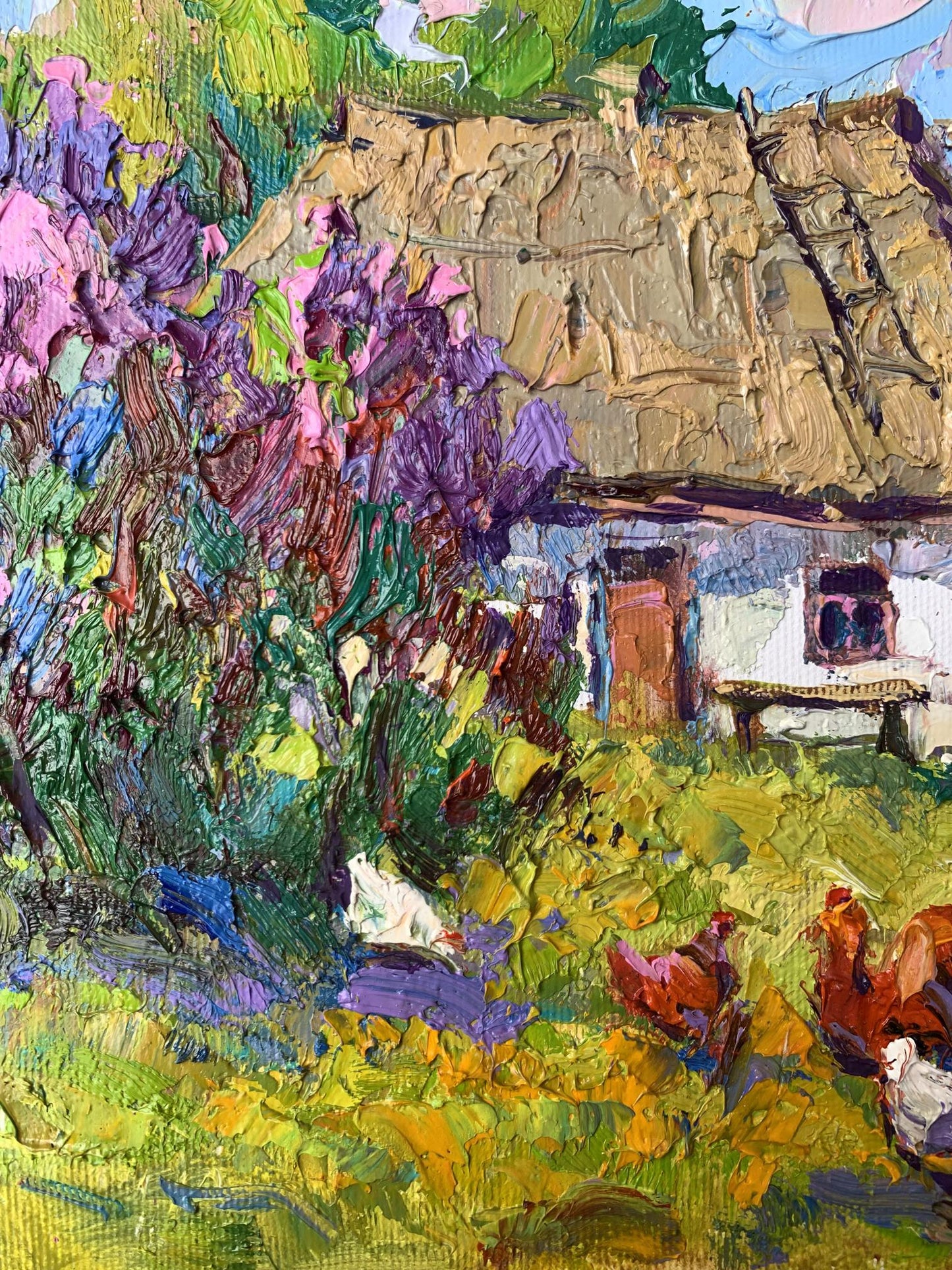 Oil painting Chickens grazing in the yard Oksana Ivanyuk