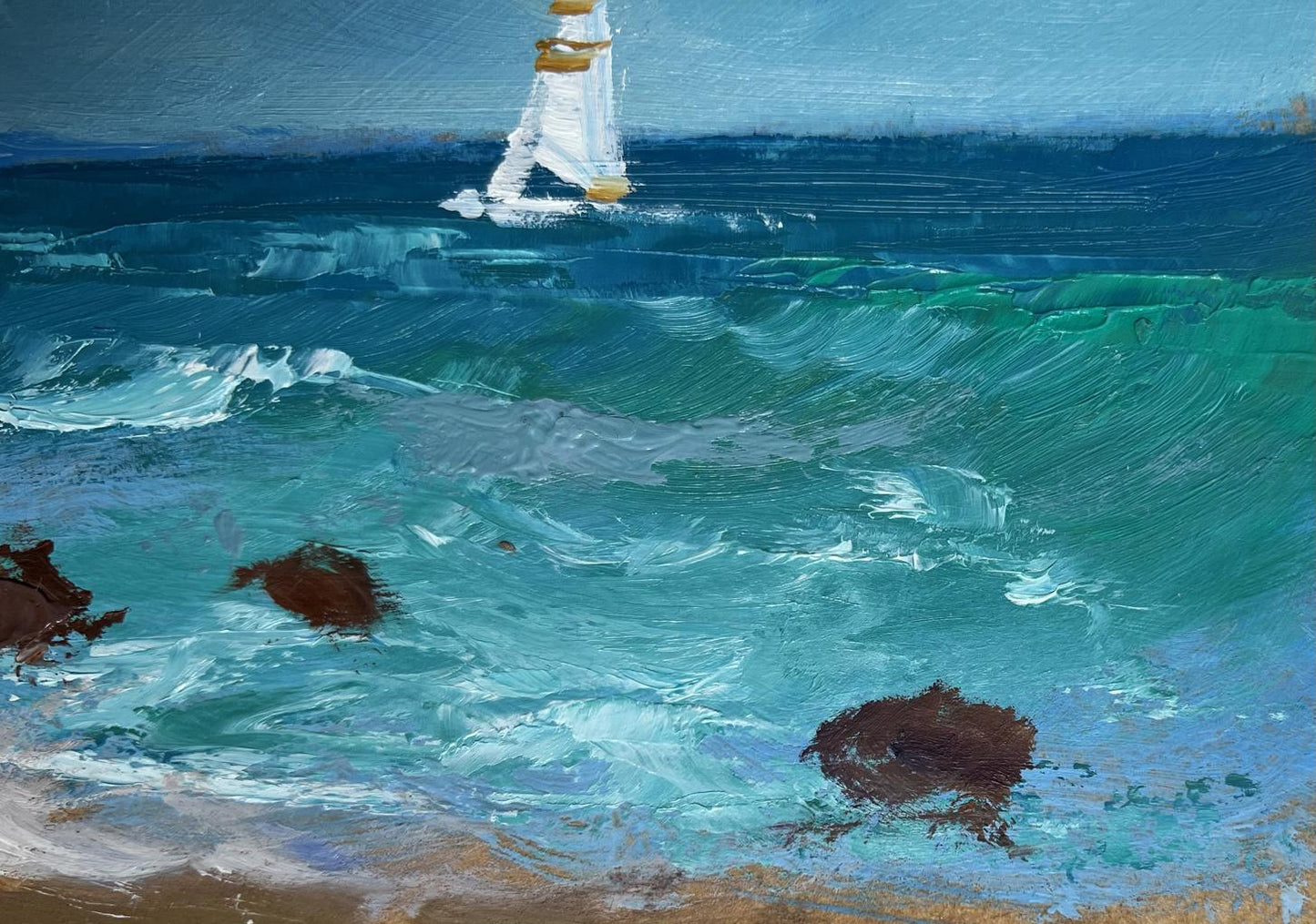 OIl painting A lonely sailboat at sea Yuriy Suprunchuk