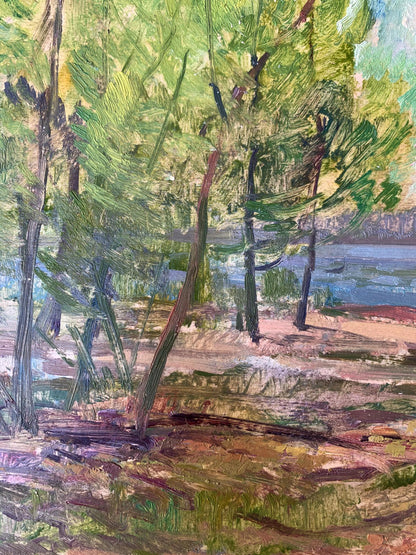 Oil painting Green trees by the river Peter Dobrev