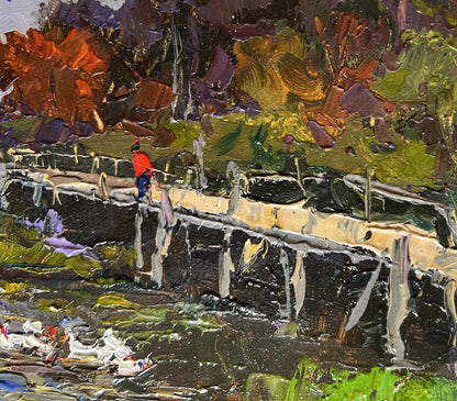 Oil painting Ducks on the lake near the bridge Oksana Ivanyuk