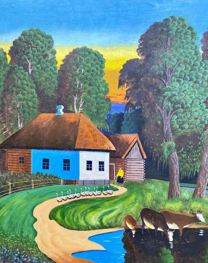 Oil painting Calm village life Unknown artist