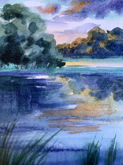 Watercolor painting Cool evening by the river Svetlana Gramm