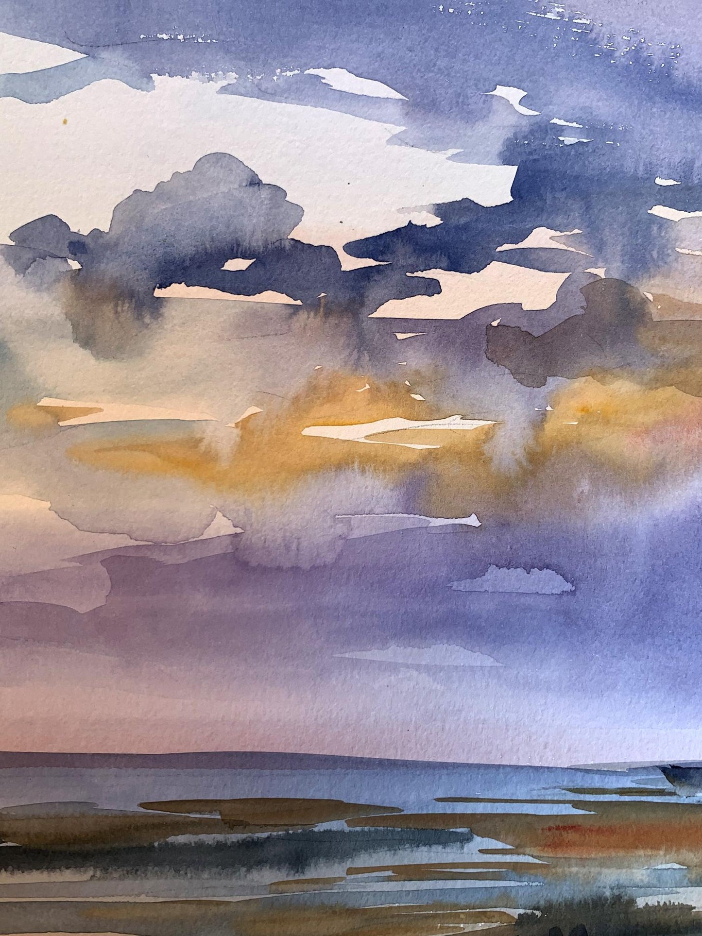 Watercolor painting Sunset sun in the sea Svetlana Gramm