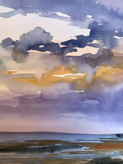 Watercolor painting Sunset sun in the sea Svetlana Gramm