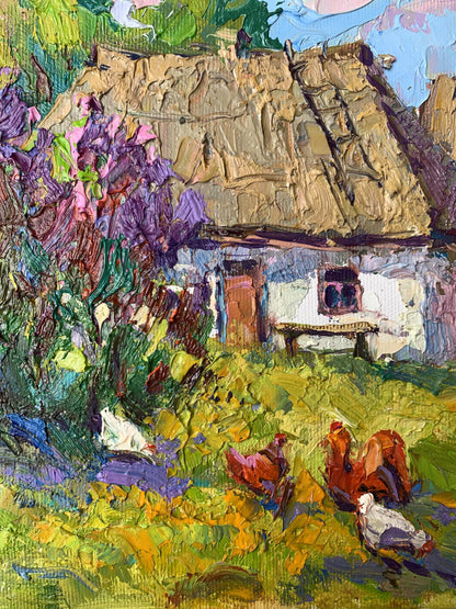 Oil painting Chickens grazing in the yard Oksana Ivanyuk