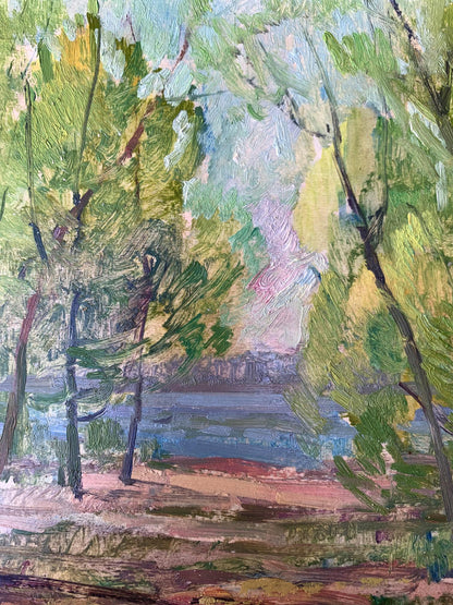 Oil painting Green trees by the river Peter Dobrev