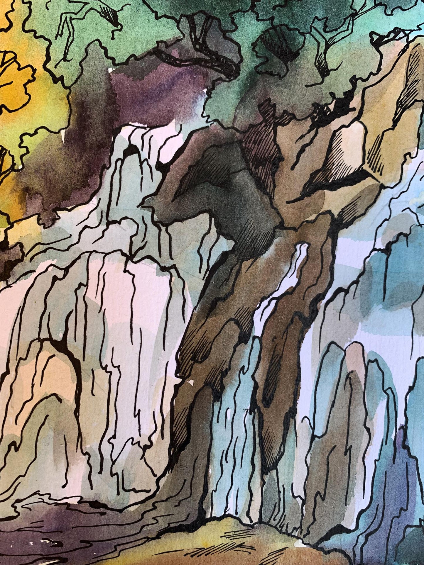 Watercolor painting Mountain waterfall Svetlana Gramm