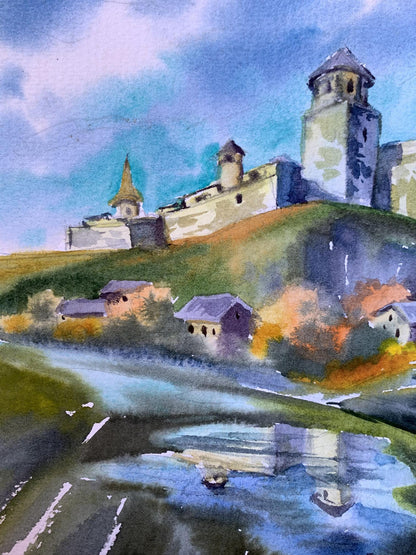 Watercolor painting Castle and village Svetlana Gramm