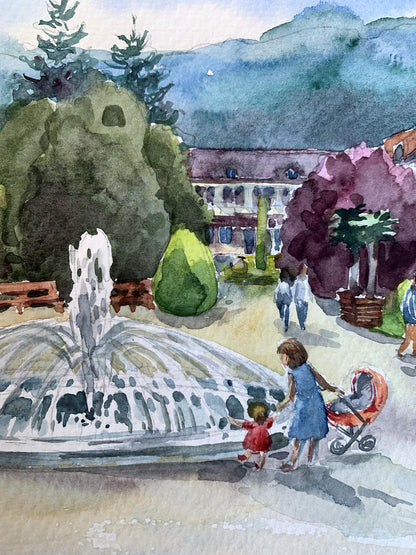 Watercolor painting Joy at the fountain Svetlana Gramm