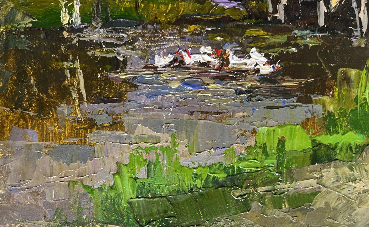 Oil painting Ducks on the lake near the bridge Oksana Ivanyuk