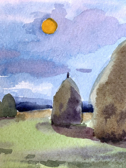 Watercolor painting Haystacks in a field Svetlana Gramm