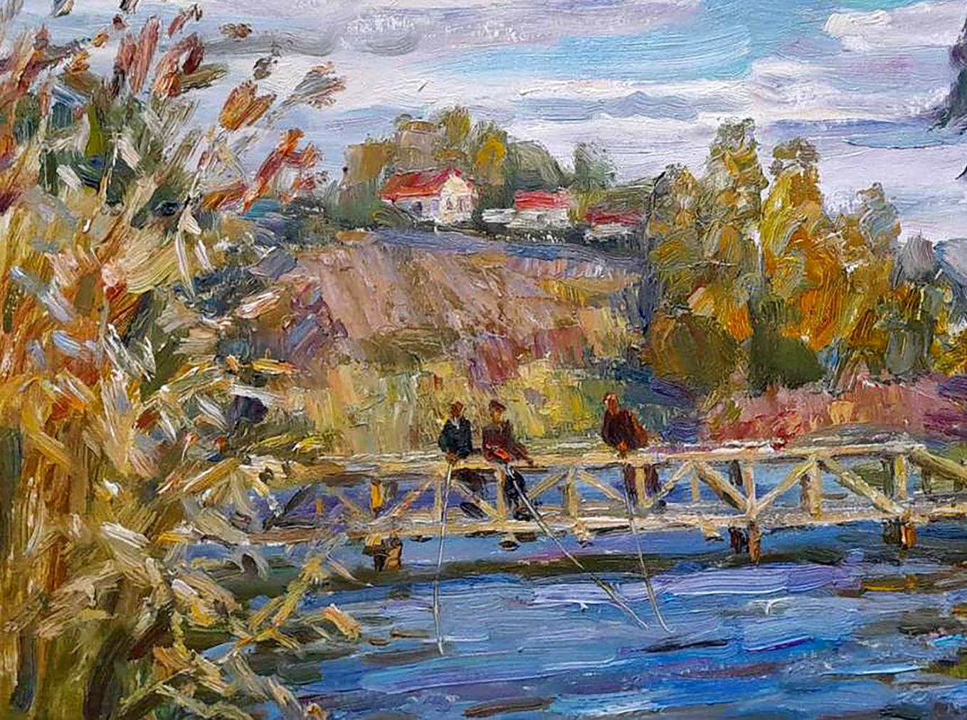 In the oil painting by Ivan Mikhailovich Kovalenko, fishermen can be seen on the bridge