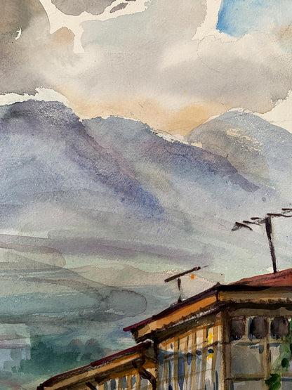 Watercolor painting Busy city street Unknown artist