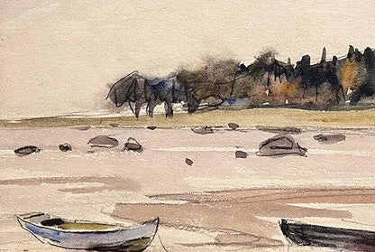 Gouache painting Boats on the shore Unknown artist