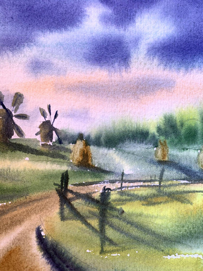 Watercolor painting Windmills and haystacks Svetlana Gramm