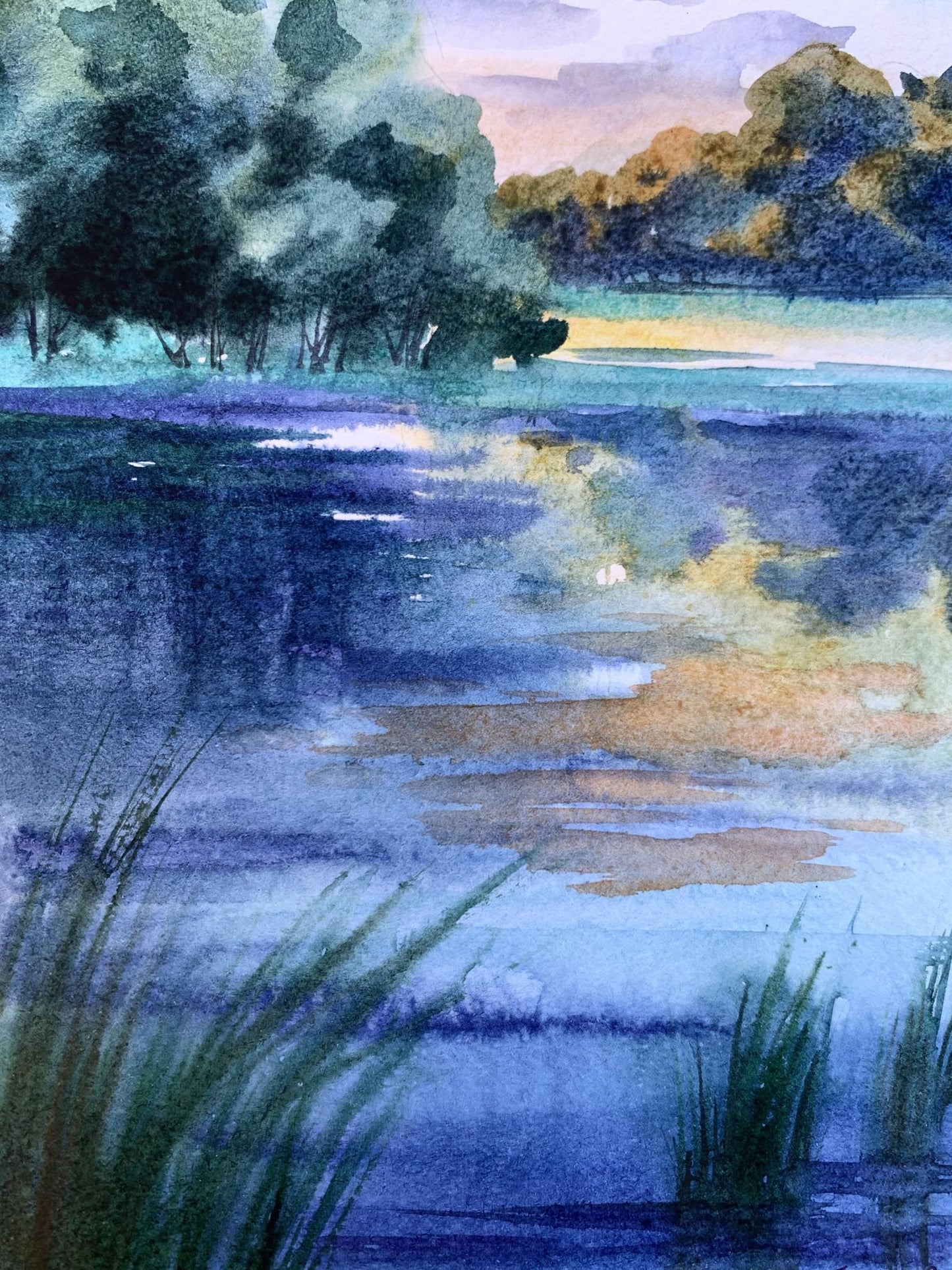 Watercolor painting Cool evening by the river Svetlana Gramm