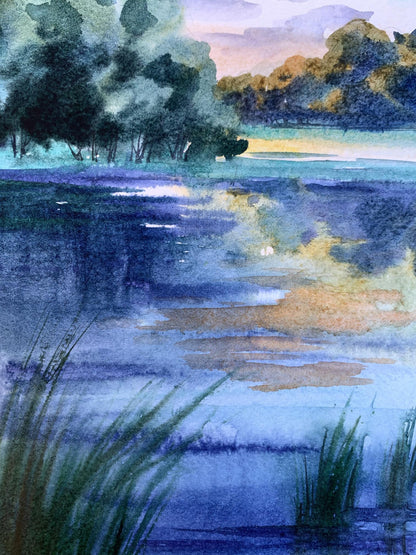 Watercolor painting Cool evening by the river Svetlana Gramm