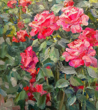 Oi painting Red rose bush Ivan Kovalenko