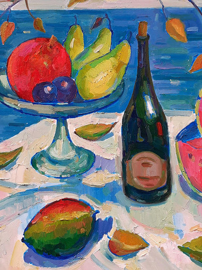 Oil painting Still life with watermelon and mango Peter Dobrev