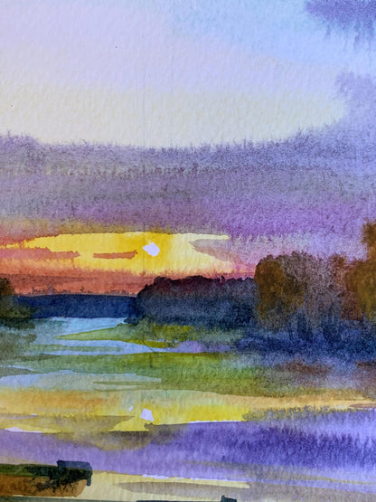 Watercolor painting Boats and sunset Svetlana Gramm