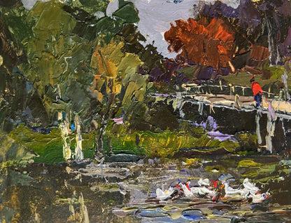 Oil painting Ducks on the lake near the bridge Oksana Ivanyuk