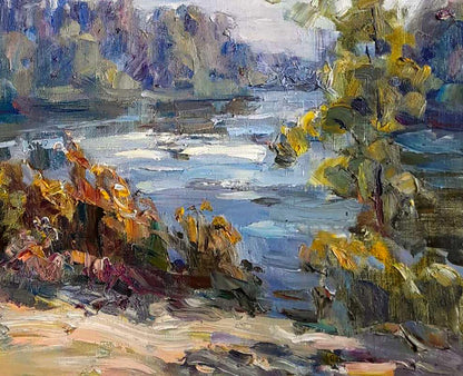 Kovalenko's oil artwork, "Near the River," illustrating the serene tranquility of a river's edge.