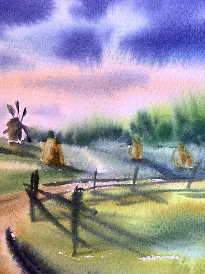 Watercolor painting Windmills and haystacks Svetlana Gramm